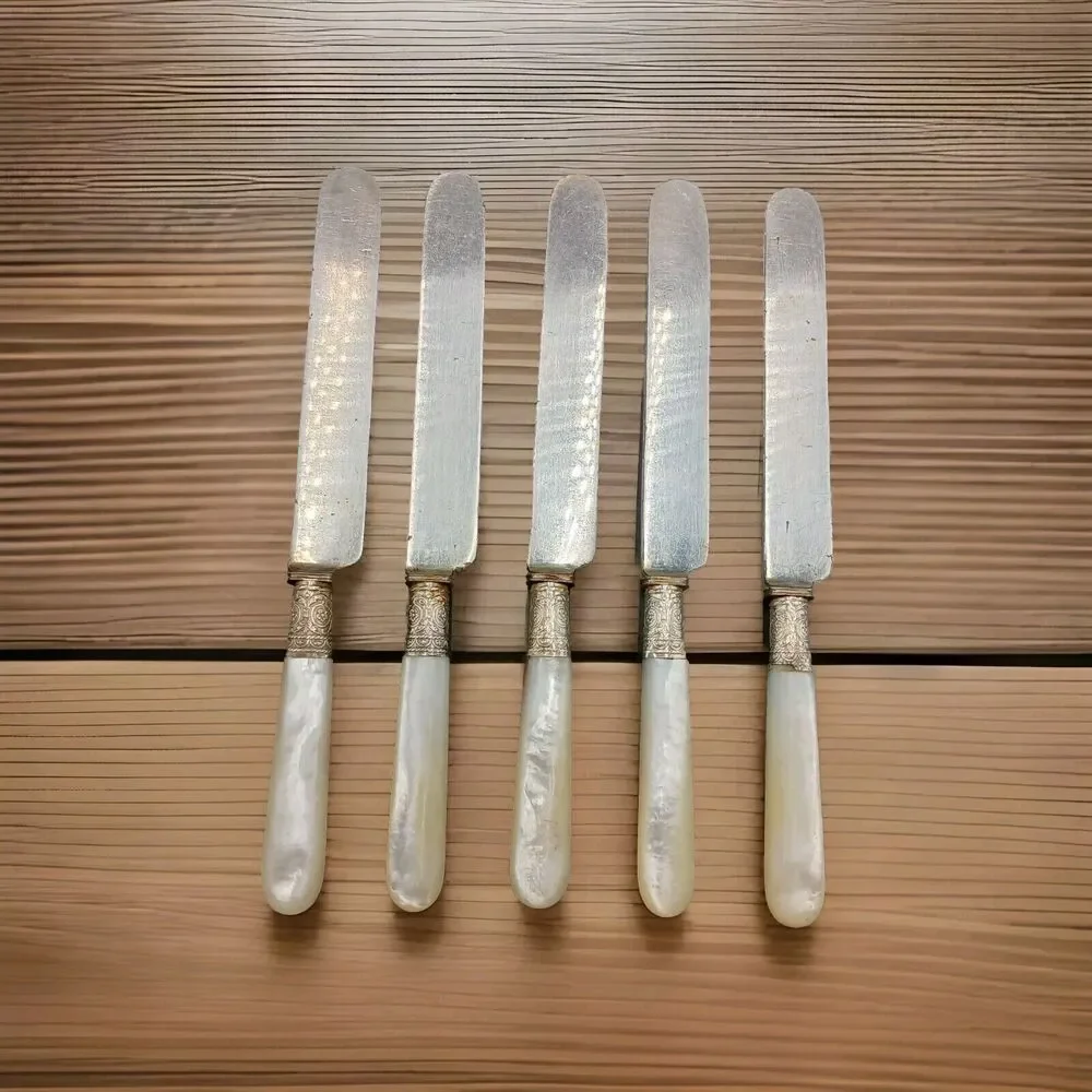 1834 J Russell & Co Knife 5pcs Silverplate Ferrule Blunt End MOP Antique Pearl